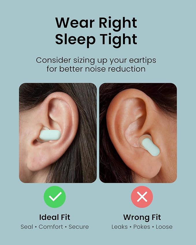 Ear Plugs for Sleeping All-Night Wear without Ear Pain Side Sleeper Patent Qufits Eartips Ultra-Comfy Reusable Earplugs for Sleep, Focus, Study, Travel, 23dB Noise Reduction - Mint