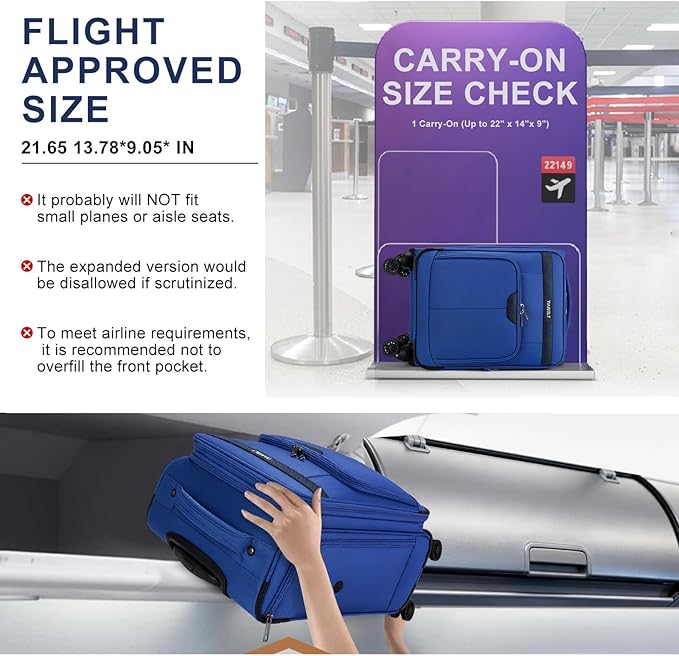 Carry On Luggage 22x14x9 Airline Approved with Wheels Softside Expandable Luggage Suitcase with TSA Lock-Blue