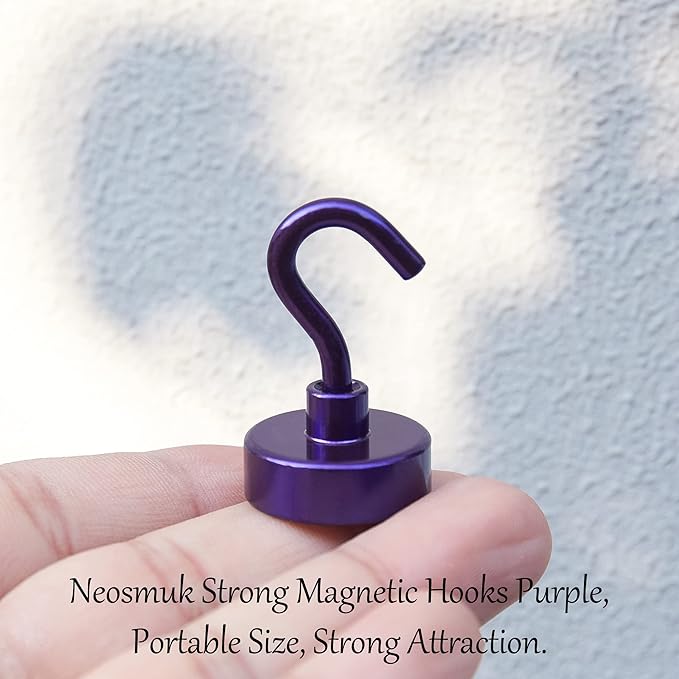 Neosmuk Magnetic Hooks,Heavy Duty Earth Magnets with Hook for Refrigerator, Extra Strong Cruise Hook for Hanging, Magnetic Hanger for Cabins, Grill (Purple, 6 Pack)