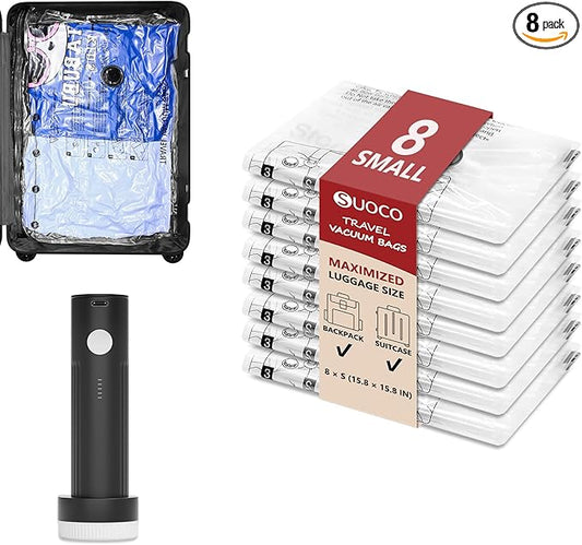 Travel Vacuum Bags for Clothing with Rechargeable Electric Pump, Compression Packing Cubes Organizer Storage for Luggage Suitcase, Space Saver Seal Bags for Vacation Cruise, 8 Small