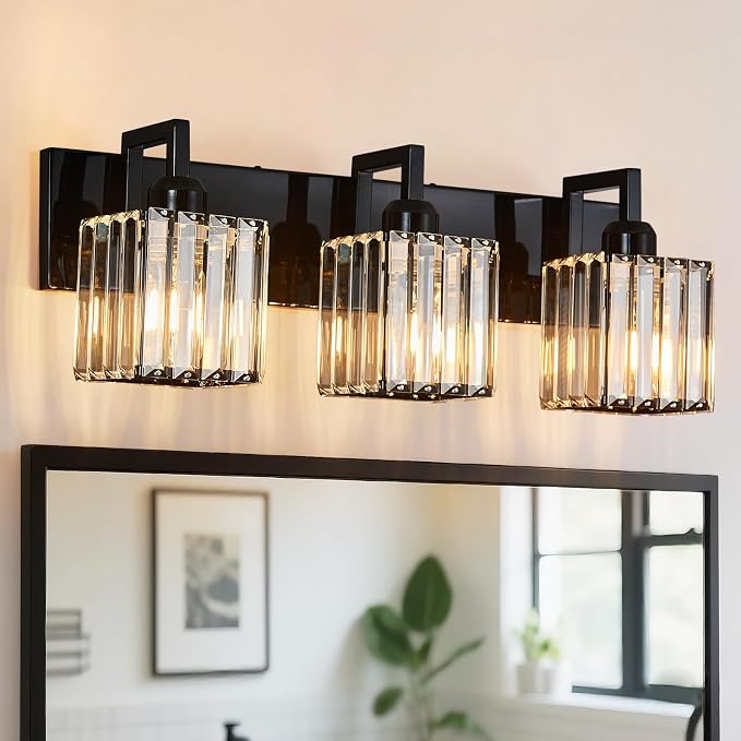 Modern Bathroom Vanity Light 3-Lights Plating Black Vanity Light Crystal Wall Light Bathroom Light Fixtures