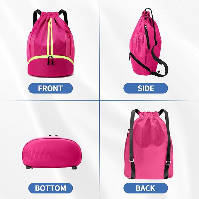 Drawstring Backpack Gym Bag with Shoes Compartment for Soccer, Basketball, Swim, Water-Resistant String Backpack Beach Cinch for Women Men, Rose