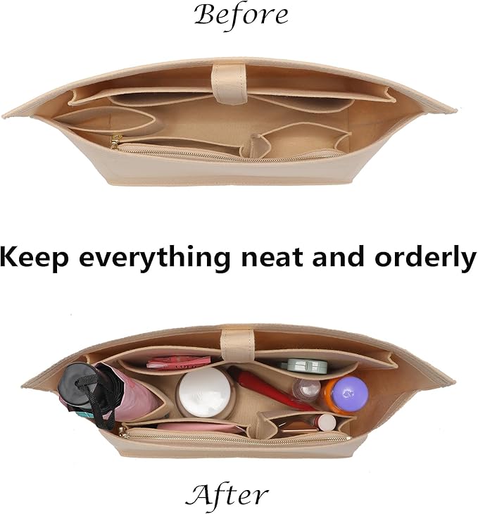 Doxo Purse Organizer Insert for Handbags, Tote Bag Insert Organizers with Laptop Compartment/Cup Holder, Softened Felt Compatible with LV Neverfull MM(Beige,Upgrade)