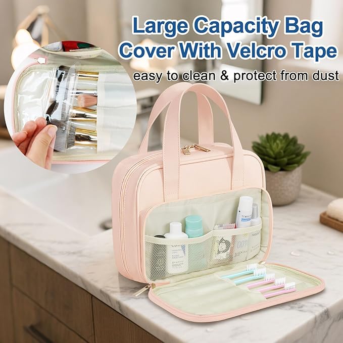 Travel Toiletry Bag, Water-resistant PU Leather Makeup Bag with Multiple Compartments, Large Capacity Makeup Organizer Bag with Handle for Accessories, Essentials, Toiletries, Pink