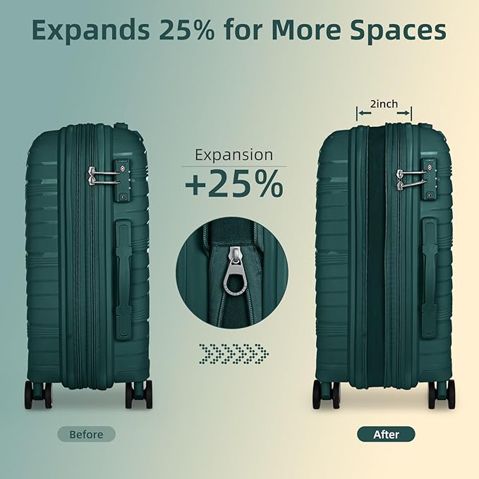 LARVENDER Carry On Luggage 22x14x9 Airline Approved, 20 Inch Hardshell & Lightweight PP Carry On Suitcase for Women with Spinner Wheels TSA Lock, Dark Green