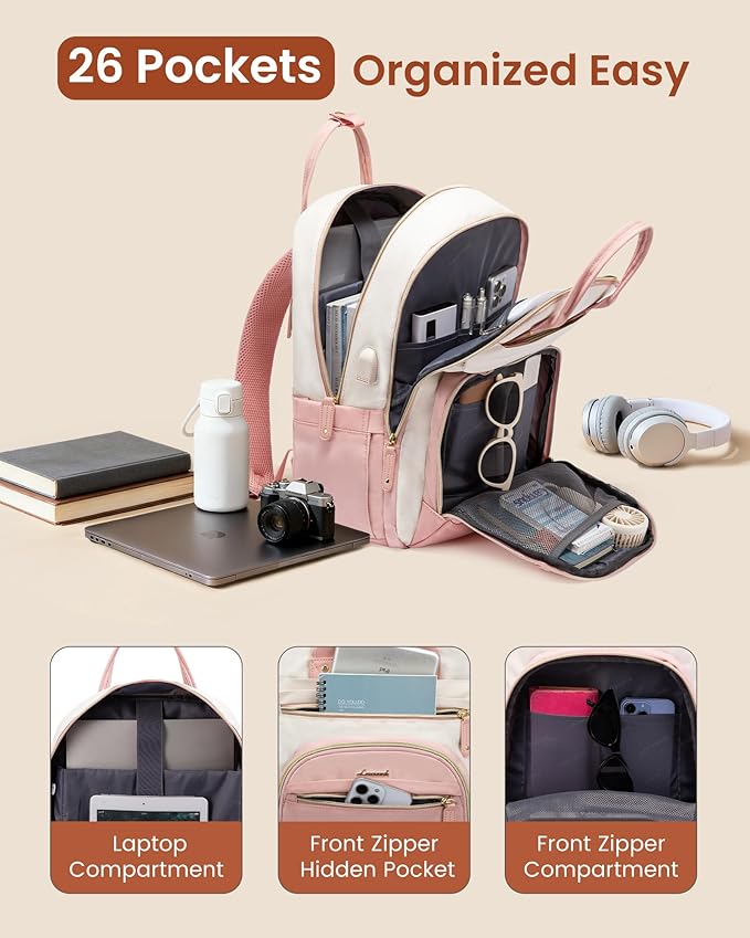 LOVEVOOK Backpack for Women,Laptop Backpack Women,Fits 17 Inch Laptop Bag,School Backpacks,Fashion Travel Work Anti-theft Bag,Waterproof Business Computer College Backpack Purse,Beige-Pink-Pink