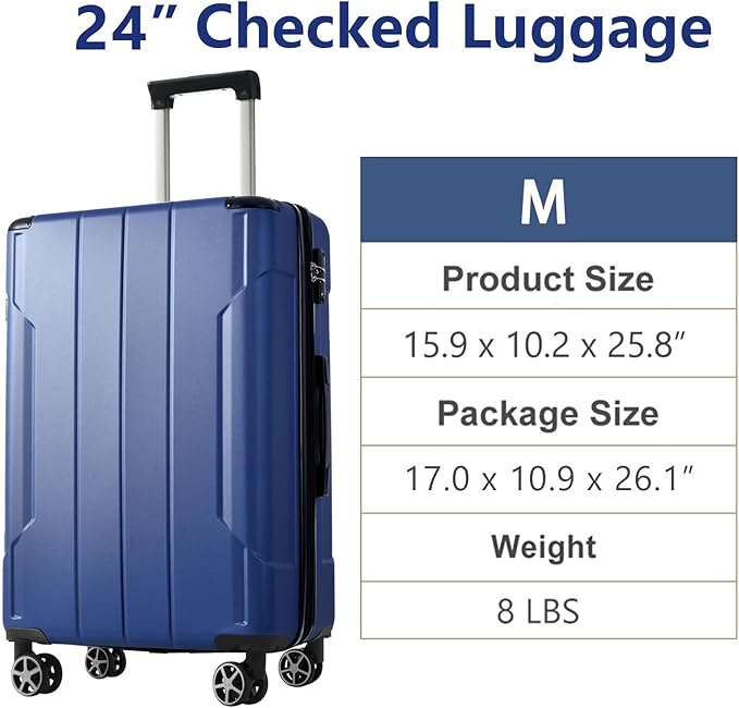 24 Inch Checked-Large Luggage, Lightweight ABS Hard Shell Suitcase with Spinner Wheels, Expandable Travel Luggage with Combination Lock & Side Hooks for Men Women, Blue