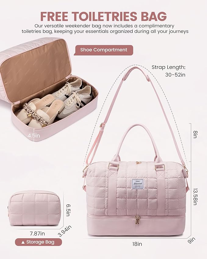 LOVEVOOK Large Duffle Bag for Travel, Puffer Weekend Bags for Women Travel Tote, Carry on Duffel Bag for Airplanes, 18 Inch Personal Item Bag Gym Bag Women, Pink