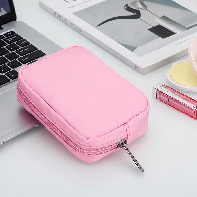 E-Tree Cute Small Makeup Bag, Cosmetic Toiletry Skin Care Make up Little Items Pouch for Purse,Zipper Mini Tech Charger Cable Electronic Organizer Case,Travel Accessories,Pink
