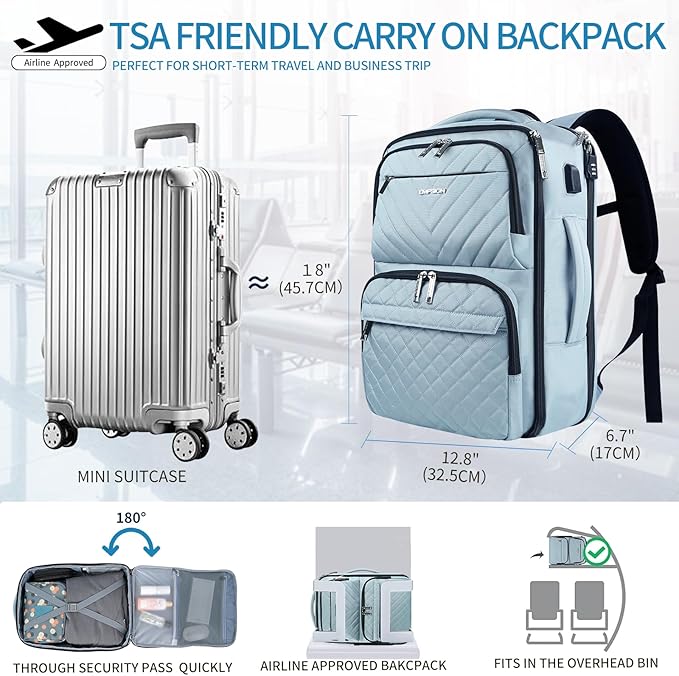 EMPSIGN Carry on Travel Backpack for Women & Men, 17 inch Large TSA Friendly Laptop Backpack with USB Port, Airline Approved Carry On Luggage, Travel Essentials, Weekender Overnight Bags, Light Blue