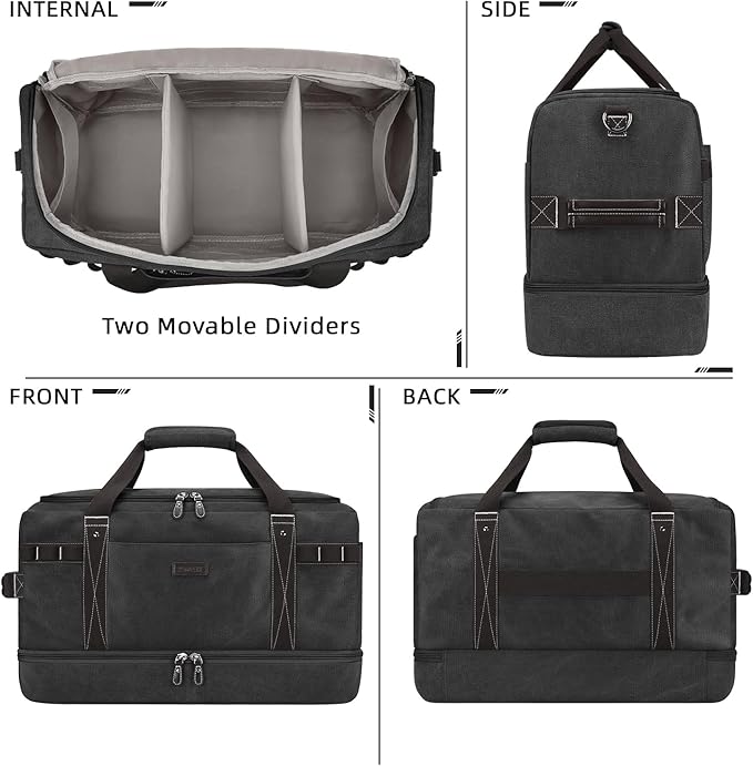 ZOMFELT Travel Duffle Bag for Men, 45L Carry On Luggage 22x14x9 Airline Approved, Waterproof Canvas Overnight Duffel Bag with Removable Dividers, Weekender Gym bag with Shoe Pocket (Washed Black)