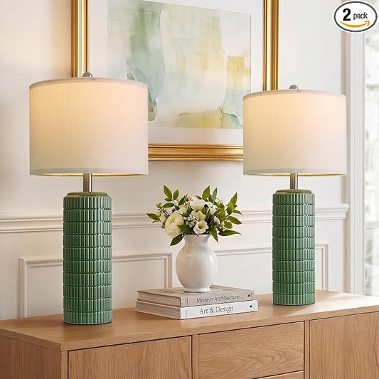 PoKat 27.5" Dark Green Ceramic Table Lamps for Living Room, Farmhouse Table Lamps Set of 2 for Bedroom Night Stands, Modern Bedside Lamps for End Side Table, Vintage Nightstand Decor Lamps Home Office
