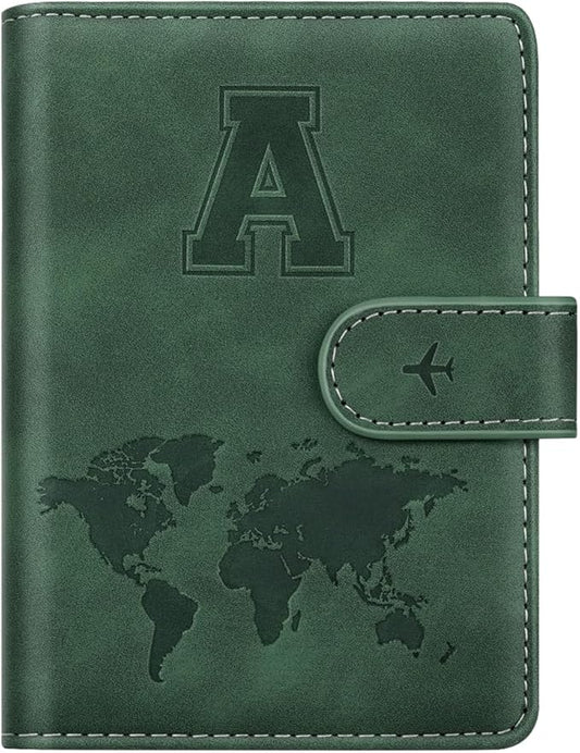 Personalized A Passport Holder Cover Initial Letter Travel Wallet RFID Blocking Passport Cover Credit Card Holder Case Passport Book Holders for Women and Men, Pine Green-A