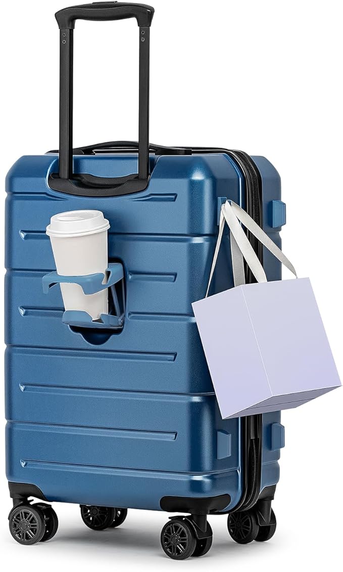 KYME Carry On Luggage 22x14x9 Airline Approved Hardshell Carry On Suitcases with Wheels Travel Rolling 20 Inch Luggage with Cup Holder for Women Men,Carry-on Blue