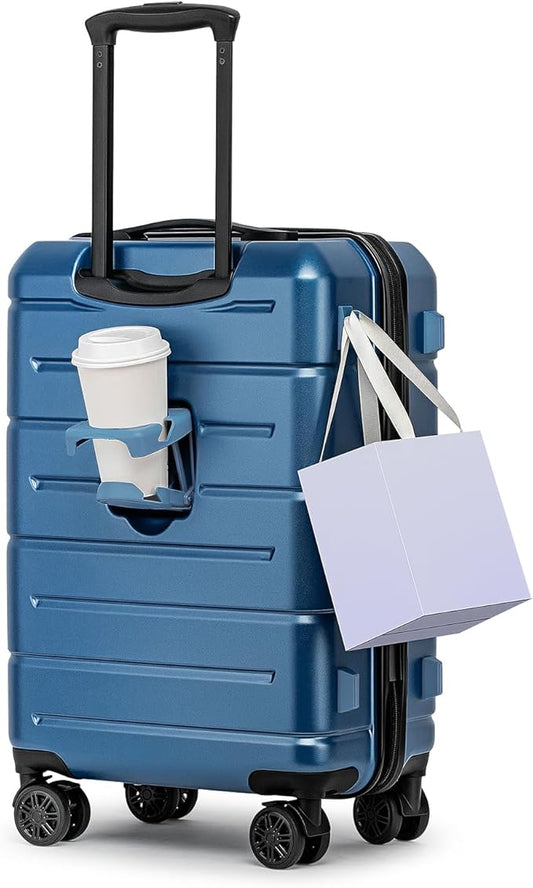 KYME Carry On Luggage 22x14x9 Airline Approved Hardshell Carry On Suitcases with Wheels Travel Rolling 20 Inch Luggage with Cup Holder for Women Men,Carry-on Blue