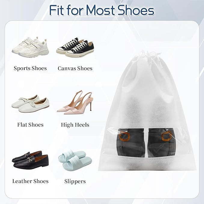 12 Pcs Portable Travel Shoe Bags, 17.3 x 12.6 Inches Waterproof Non-Woven Shoe Organizers Storage Bags, Large Drawstring Shoes Pouch Packing Organizers with Rope for Men, Women, Children (White)