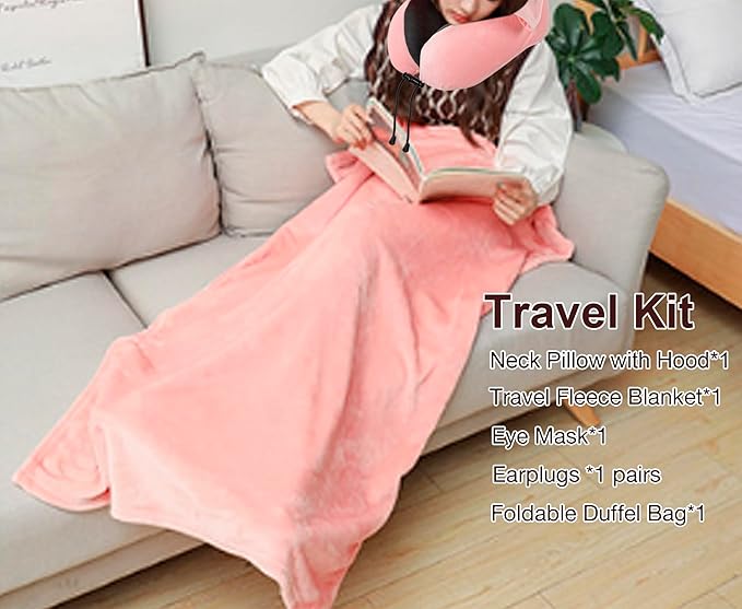 Travel Blanket Pillow Set - Travel Neck Pillow & Blanket for Airplane, Thick Fleece Plane Blanket, Hooded Memory Foam Neck Pillows, Foldable Duffel Bag, Sleep Mask, Earplugs for Plane Traveling, Pink