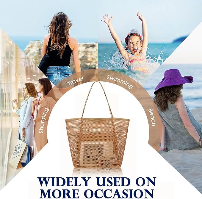 Fammart Mesh Beach Bag, Large Beach Tote with Zipper Pocket, Toys Pool Bag for Family Travel Vacation Cruise Essentials