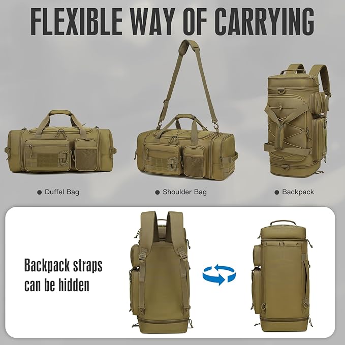 3 in 1 Tactical Gym Bag Backpack for Men 40-45L Expandable Travel Duffle Bag for Women Military Sport Duffel Bags Weekend Overnight with Shoe Compartment & Wet Pocket for Fitness, Brown