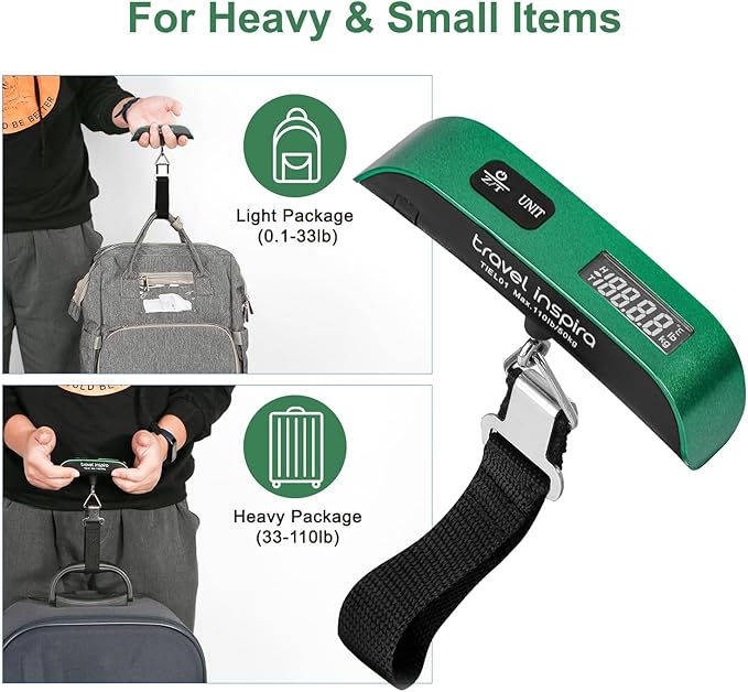 travel inspira Luggage Scale, Portable Digital Hanging Baggage Scale for Travel, Suitcase Weight Scale with Rubber Paint, 110 Pounds, Battery Included