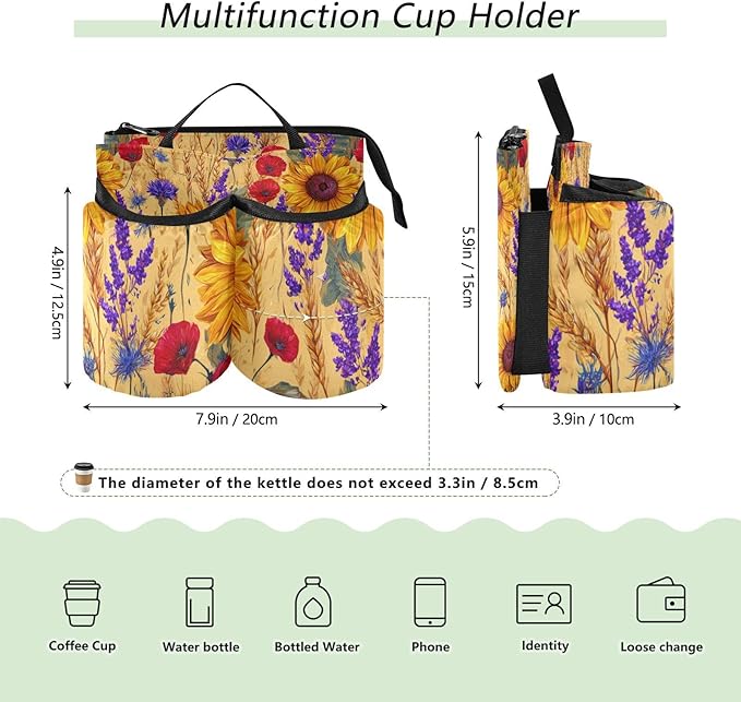 Luggage Cup Holder for Suitcases Free Hands Travel Cup Holder Portable Suitcase Cup Drink Holder Luggage Cup Caddy Bag Carrier Yellow Sunflowers Poppy Wheat