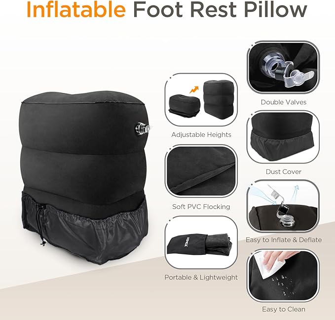 HOMCA Inflatable Travel Foot Rest Pillow (1-Pack) Adjustable Height Leg Pillow Fast Inflating Airplane Bed for Toddlers Footrest Pillow for Office, Airplane, Train, Cars, Home (Black)