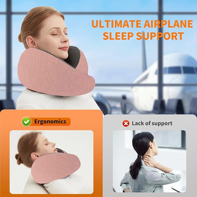 Travel Neck Pillow Airplane, Memory Foam Travel Pillows for Comfort on Sleeper Hold Compact and Ergonomic Design for Traveling Car Rides Home Road Trip Essentials for Adults and Kids (Pink)