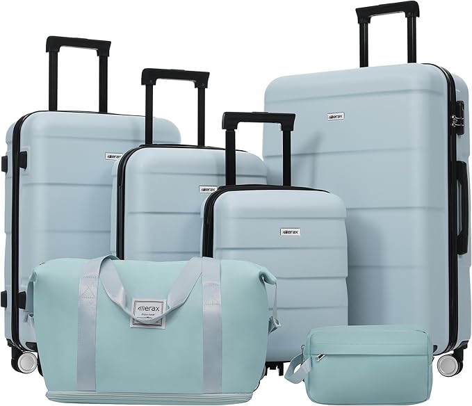 Merax Luggage Sets,6 Piece Carry on Suitcase with Travel Bags,Hardcase Suitcase Set with Double Spinner Wheels,16/20/24/28 IN Luggage Airline Approved,Light Blue