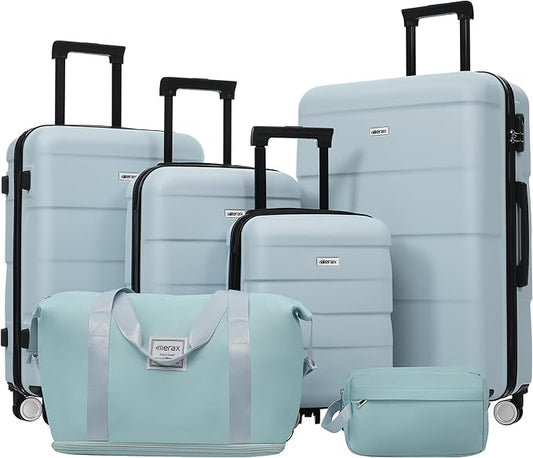 Merax Luggage Sets,6 Piece Carry on Suitcase with Travel Bags,Hardcase Suitcase Set with Double Spinner Wheels,16/20/24/28 IN Luggage Airline Approved,Light Blue