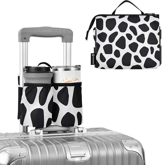 Luggage Cup Holder for Suitcases Free Hands Travel Cup Holder Portable Suitcase Cup Drink Holder Luggage Cup Caddy Bag Carrier Cow Print