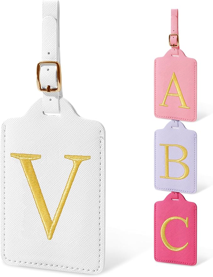 Unique Initial Letter Luggage Tags for Suitcases, Monogrammed Suitcase Luggage Identifier Tag,PU Leather TSA Approved Luggage Tags,Bag Tags for Men Women Kids Luggage Baggage(White V)
