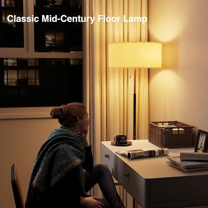 2-Light 3 Color Temperature Mid Century Floor Lamp for Living Room | 61" Black&Gold Tall Standing Lamp for Bedroom and Office with White Fabric Lampshade, 3000K/4500K/6500K 9W Bulb Included