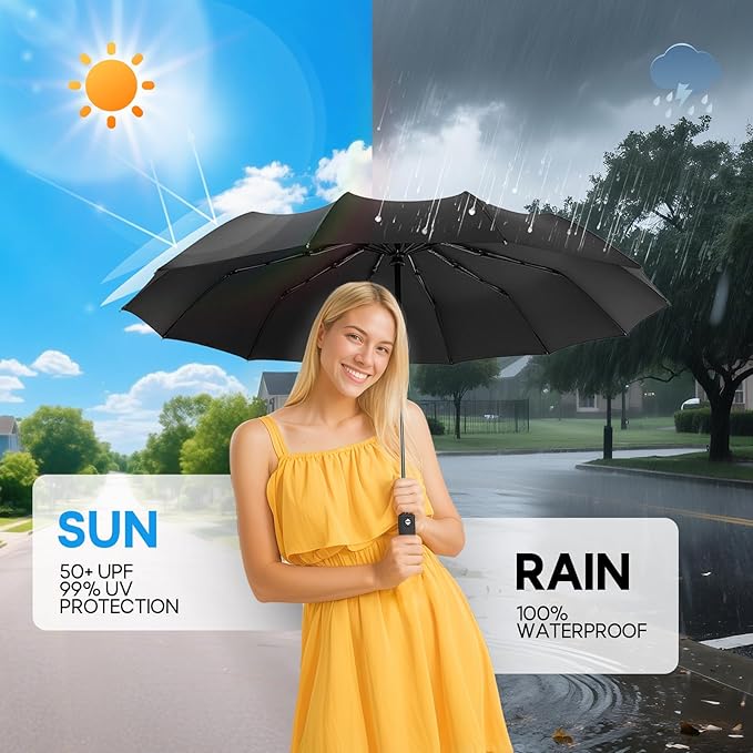 Travel Compact Umbrella, Folding Travel Umbrella for Rain and Shine Small, Windproof Automatic Open/Close, Portable Umbrellas