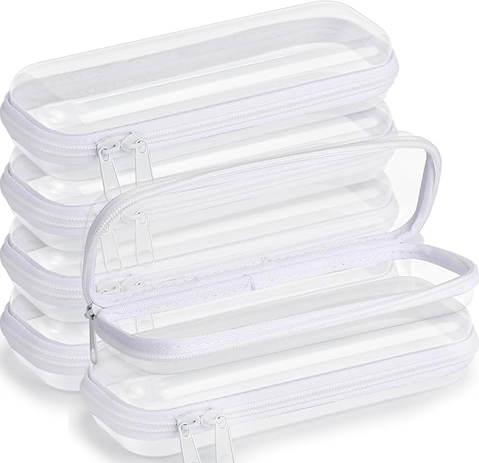Sanwuta 6 Pcs Clear Hard Zipper Case Plastic Zipper Pouches Transparent Makeup Bag Pencil Case Pouches Toiletry Diaper Bag for Travel Toy Storage Organizer Bins(White,7.87 x 2.56 x 1.57 Inch)