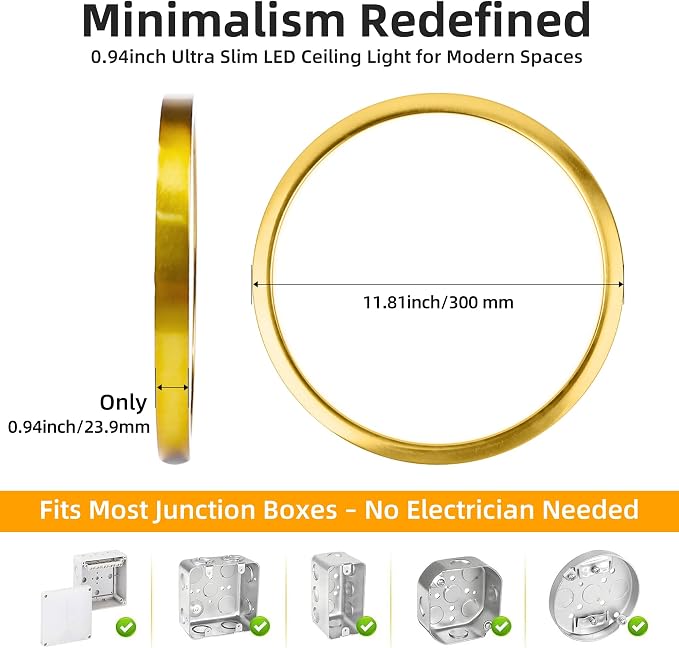 Hlite 12 Inch Flush Mount LED Ceiling Light,2400LM,3CCT,4 Pack | 24W 3000K/4000K/5000K Selectable,Low Profile Ceiling Light Fixtures for Kitchen Bedroom Hallway Laundry Room Closet, Gold
