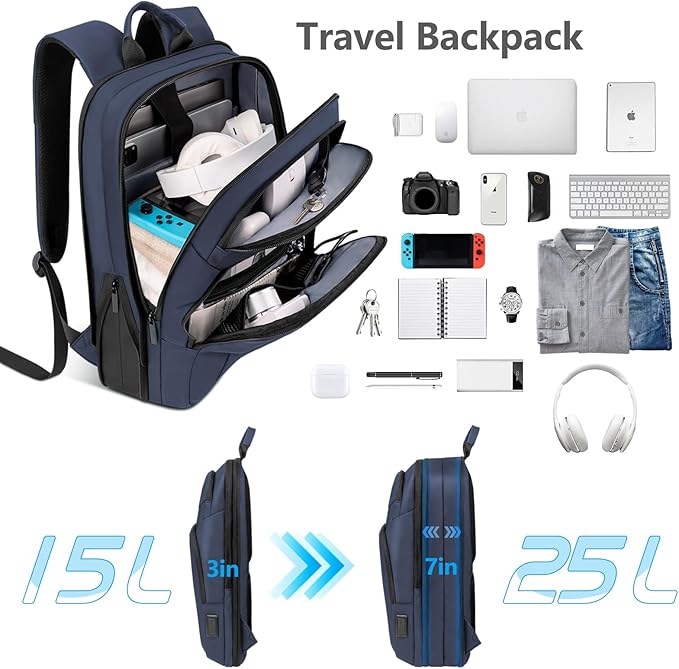 Backpack for Men Slim & Expandable Travel Laptop Backpack with USB Charging Port Water Resistant Anti-Theft Business Backpack Fits 17.3In Laptop for Commute Work College with Small Bag (Navy Blue)