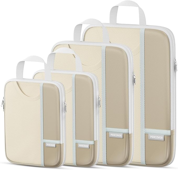 Percover Compression Packing Cubes 4-Piece Set, Packing Cubes Compression for Travel with Label Pockets, Travel Organizer for Carry On & Checked Luggage, Camel