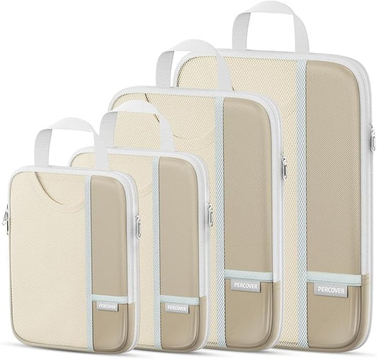 Percover Compression Packing Cubes 4-Piece Set, Packing Cubes Compression for Travel with Label Pockets, Travel Organizer for Carry On & Checked Luggage, Camel