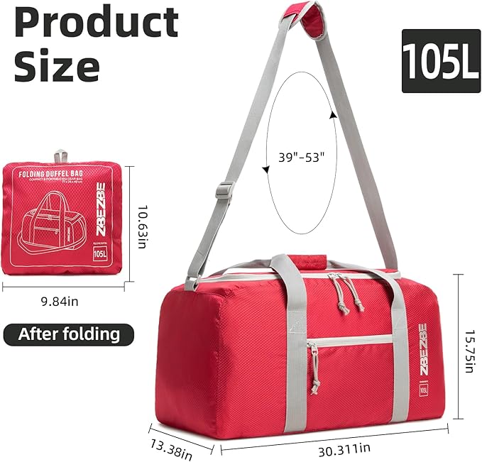 Foldable Travel Duffel Bag, Lightweight & Easy to Carry Water-Repellent Duffle Bag - 2-Way Zipper & Interior Pouch, Ideal for Weekend Trips, Daily Use,Camping，Sports