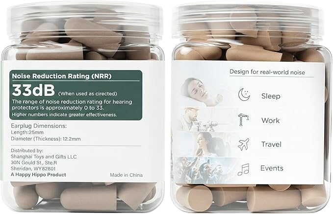 Happy Hippo Soft Foam Earplugs, 33 dB NRR, (50 Pair, 100 Ear Plugs), Maximum Protection for Sleeping, Power Tools, Loud Work Environments (Beige)