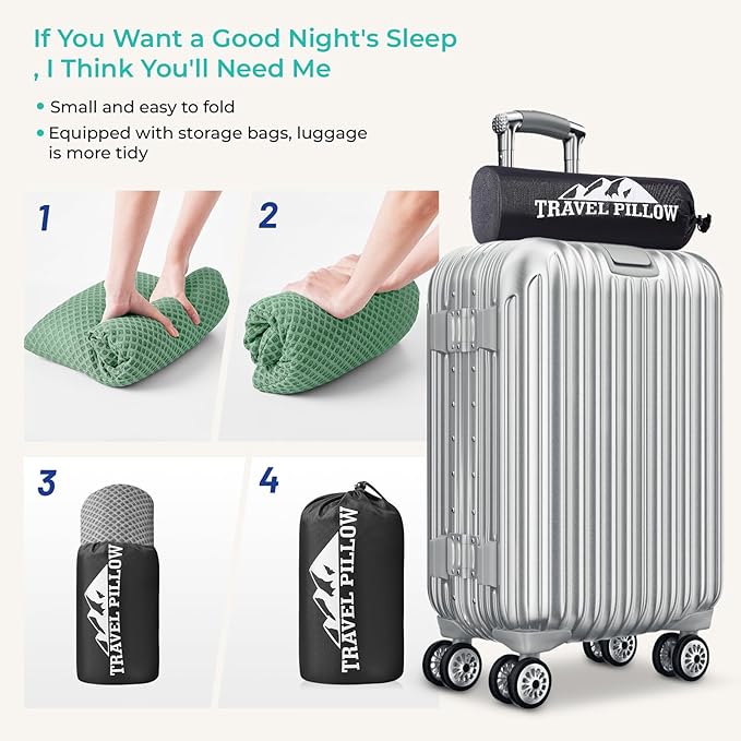 Travel Pillow Memory Foam Pillows, Camping Pillow-Compressible Medium Firm, Breathable Cover, Ideal Backpacking Hiking, Bed Pillows, Airplane and Car (Green, L)