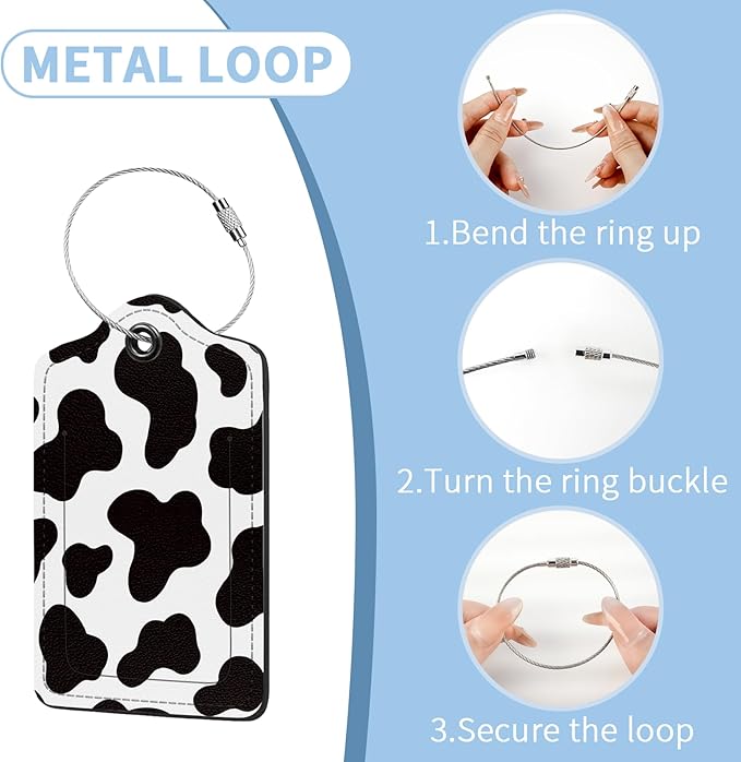2 Pcs Luggage Tag for Suitcases, Cute Cow PU Leather Suitcase Tag Privacy Cover Name ID Label with Metal Loop, Personalized Baggage Identifier for Women Cruise Bag Travel Essentials