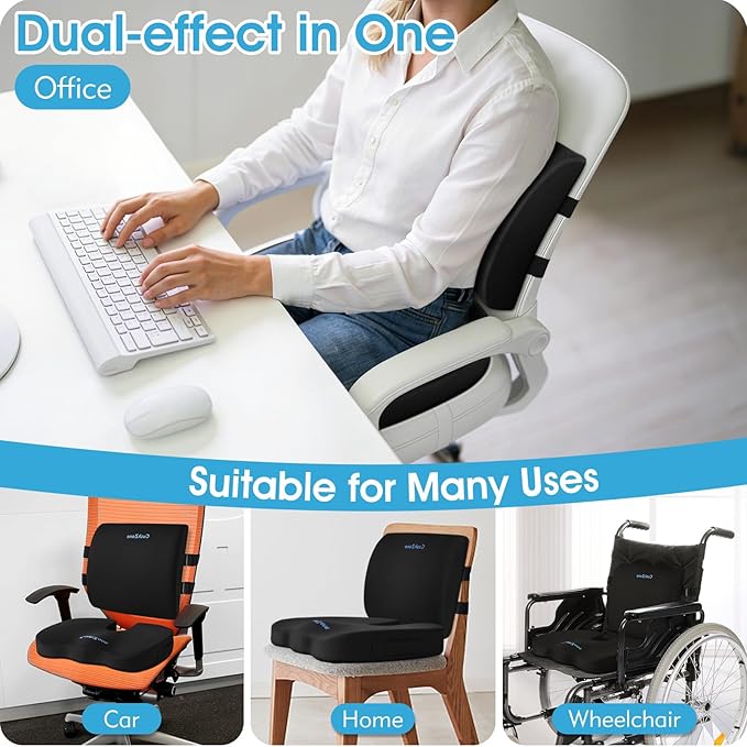Ergonomic Seat Cushion & Lumbar Support Pillow - Memory Foam for Sciatica Pain Relief & Posture Correction, Non-Slip Chair Cushions for Office Chair/Car/Wheelchair/Travel (Black)
