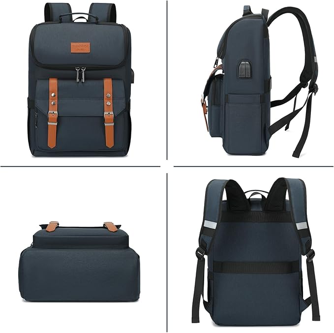 YALUNDISI Vintage Backpack Travel Laptop Backpack with usb Charging Port for Women & Men College Backpack Fits 15.6 Inch Laptop Blue Brown