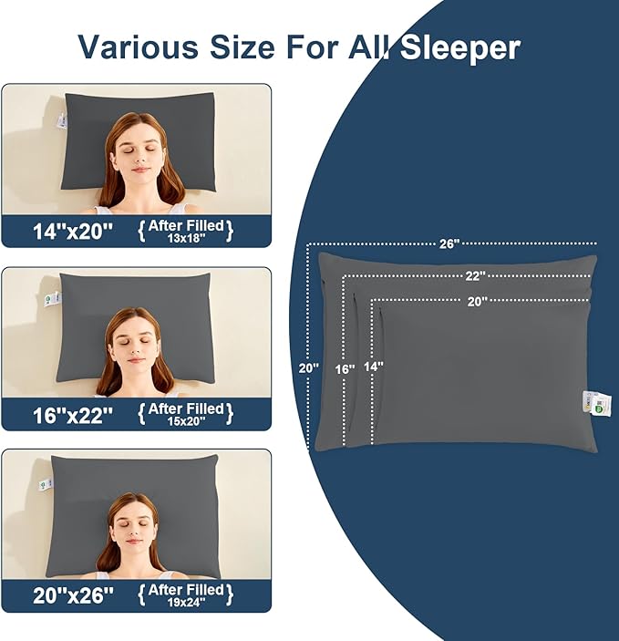 Organic Buckwheat Pillow for Sleeping with Dual-Layer Pillowcase and Extra Tartary Buckwheat Hulls, Adjust Height and Firmness, Neck Support Pillow for Back and Side Sleepers 14"x20", Dark Grey