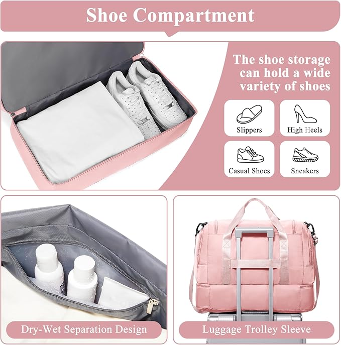 Travel Duffle Bag, Weekender Bags for Women,Overnight Weekend Carry On Personal Item Travel Bag with Shoes Compartment & Toiletry Bag,Pink