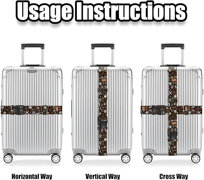 Nuxovilar Luggage Straps of 2 Set Travel Elements Pattern, 1.96x90.5 inches - Luggage Straps for Suitcases, Perfect for Global Travel, Adventures, Business Trips