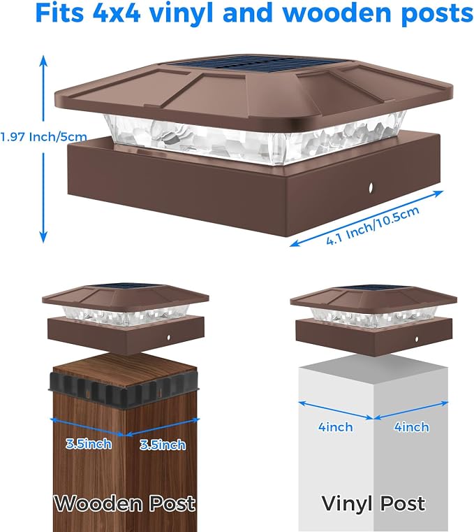 4x4 Solar Post Cap Lights Outdoor with 3 Modes, 2 Packs Brown Fence Light Solar Powered Waterproof for 4x4 3.5x3.5 Wood/Vinyl Posts for Deck Yard Garden Patio Outside