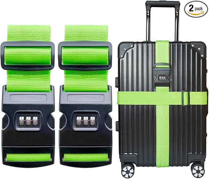 2 PCS Luggage Strap 78" x 2" Suitcase Belts Wide Adjustable Packing Straps Travel Accessories, Green&Combination Lock