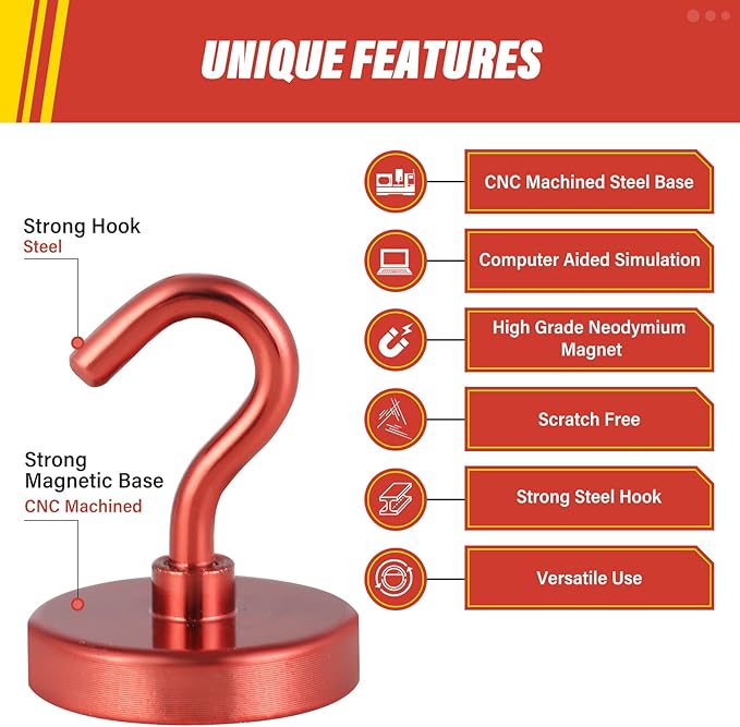 Neosmuk Magnetic Hooks Heavy Duty,Strong Magnet with Hook for Fridge, Super Neodymium Extra Strength Industrial Hooks for Hanging, Magnetic Hanger for Toolbox, Cruise, Grill(Red,6 Pack)